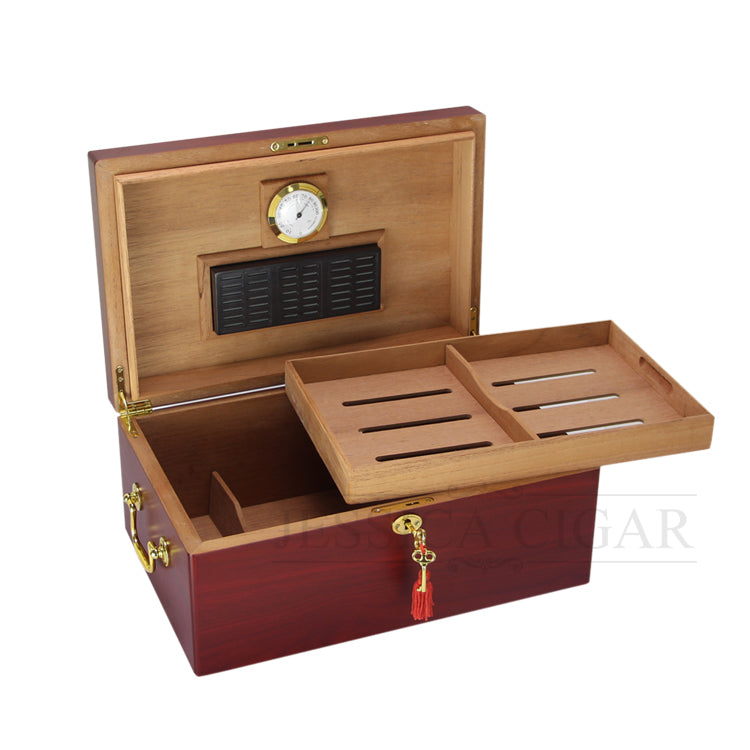 GALINER Red Cherry Matt Finish Cigar Humidor Cedar Wooden Cigars Box Case With Gilded Lock Hygrometer Humidifier